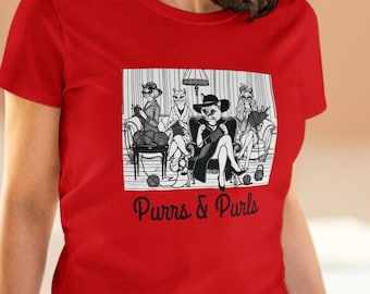 Chemise à tricoter chat : ronronnements et mailles envers, t-shirt amateur de fils rétro