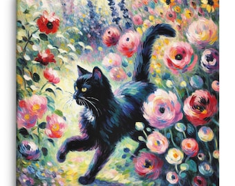 Black Cat Floral Canvas Print, Whimsical Wall Art