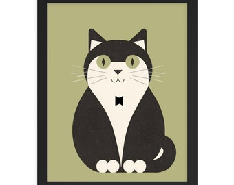 Mid Century Modern Tuxedo Cat Framed Art Print: Minimalist Decor