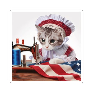 All American Nähmaschine Katzenaufkleber - Betsy Ross Nähen der amerikanischen Flagge Quadrat Aufkleber Unabhängigkeitstag Aufkleber Näherin Geschenk für 4. Juli