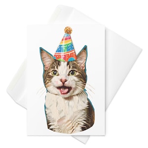 Happy Birthday Cat Greeting Card Cute Party Hat Kitten - Funny & Adorable Birthday Card Gift For Cat Lovers - Whimsical Feline Present