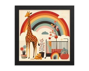 Framed Giraffe Rainbow Print: Boho Safari Nursery Wall Art