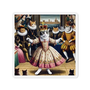 Imán de gato de la Reina Real, escena de baile de la corte medieval, imán vintage de gatito caprichoso para nevera para amantes de los gatos y aficionados a la historia, para uso en interiores y exteriores.