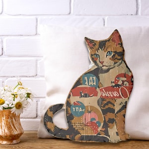 Cat Shaped Pillow, Retro Scrapbook Design, Custom Throw Cushion, Animal Lover Gift, Unique Decorative Accent, Home Decor Accessory