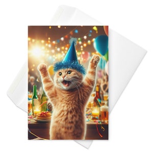 Carte d'anniversaire chat mignon idiot joyeux anniversaire Ecrivez votre propre message Carte de voeux drôle de chat orange dans un chapeau pour les amoureux des chats, maman Bday
