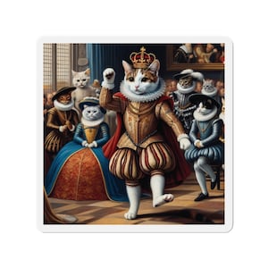 ダンシングキャットマグネット - チューダー様式 中世キングキティ ダイカット冷蔵庫マグネット - 屋内・屋外装飾 - ロイヤルコートデザイン - 各種サイズ