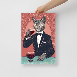 Póster de gato para bar, decoración para colgar en la pared, impresión de vino, póster de arte de pared de gato vintage, decoración retro para bar de cocina, regalo de inauguración de la casa para amantes de los gatos.