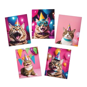 Lot de 5 cartes d'anniversaire chat, cartes de voeux multi-designs, rose fuchsia chats stupides dans des chapeaux de fête Carte anniversaire, jeu de cartes unique avec cinq cartes différentes