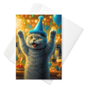 Carte de voeux drôle de chat Scottish Fold - Carte d'anniversaire de chapeau de fête pour les amoureux des chats - Carte de célébration animal mignon - Intérieur vierge