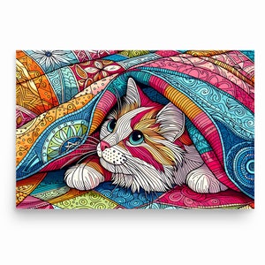 Colorful Cat Poster Print – Cozy Cat Under Quilt Wall Art – Vibrant Boho Cat Illustration for Home or Office – Whimsical Feline Decor Cat