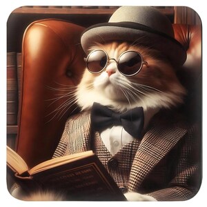Reading Cat Coaster Set, Cute Bookish Cat Drink Coasters, Vintage Cat Lover Gift, Cozy Decor for Bookworms, Charming Classy Cat Coaster