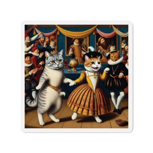 Imán de baile de gatos regio: divertidos gatos renacentistas con trajes reales, imán cuadrado para nevera, regalo original para amantes de los gatos, imán de gato Tudor