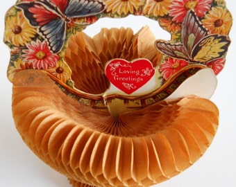Vintage Beistle Fold Out Valentine Card 3D Floral Basket
