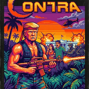 May include: Pixelated art poster with the word "CONTRA" in orange and yellow. The image depicts a muscular figure holding a rifle, set against a sunset backdrop with explosions, a helicopter, and the White House. The figure is wearing a red headband.