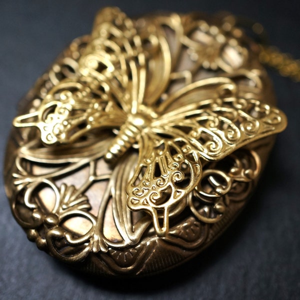 Signature Victorian Lockets Large Oval Steampunk Filigree Butterfly Necklace - 48mmx40mm - 24 inches