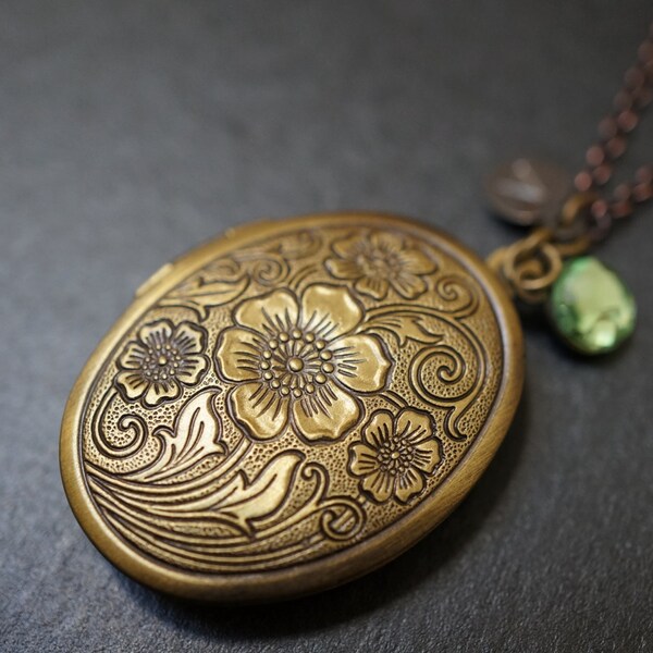 Vintage Organic Brass Oval Floral Victorian Locket with Customize Personalize Name Tag and Birthstone Necklace - 16 inches