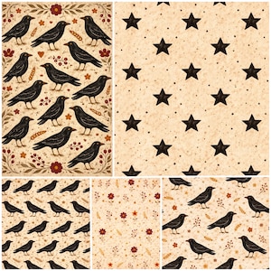 May include: A collage of patterned designs featuring crows, stars, and floral elements. The crows are black, the stars are dark, and the floral elements include red and yellow accents. The backgrounds are a beige color.
