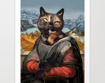 Mona Lisa Cat Art Print: Renaissance Whimsical Giclée