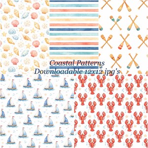 Puede incluir: Patrones digitales de temática costera con conchas marinas, diseños de rayas, remos cruzados, veleros y langostas. Los patrones son de estilo acuarela sobre fondo blanco. Incluye el texto "Coastal Patterns Downloadable 12x12 jpg's".