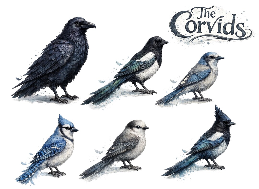 The Corvids – Whimsical Corvid Bird Art PNG Set | Raven, Magpie & Jays ...