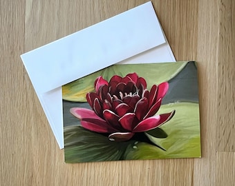 Red Lotus Flower Painting print on 5x7 card with envelope