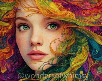 Colorful Wavy Haired Fantasy Art Portait Digital Download for Personal Use