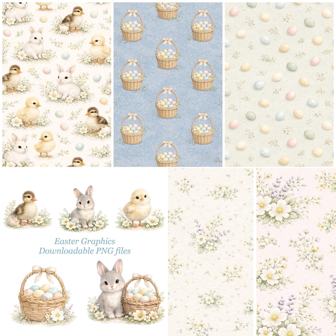 Easter Digital Scrapbook Paper Pack | Bunny Basket Chick Duckling 5 Png ...