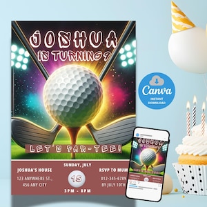 Invitación de cumpleaños de golf. Vamos a parear el tee. Invitación de cumpleaños de golf. Invitaciones para fiesta de cumpleaños de golf. Plantilla editable de Canva. Cumpleaños con temática de golf.