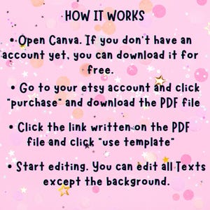 Peut inclure: Fond rose avec du texte expliquant comment utiliser un mod&egrave;le. Les instructions incluent l'ouverture de Canva, le t&eacute;l&eacute;chargement d'un PDF, le clic sur un lien et l'&eacute;dition. Des &eacute;toiles et des cercles d&eacute;coratifs sont dispers&eacute;s.