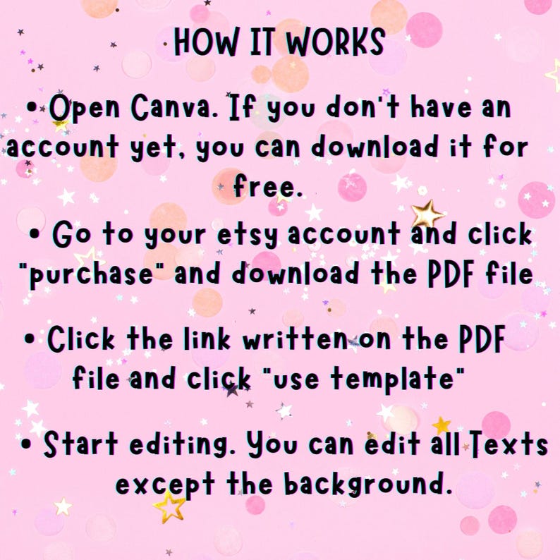 Peut inclure: Fond rose avec du texte expliquant comment utiliser un mod&egrave;le. Les instructions incluent l'ouverture de Canva, le t&eacute;l&eacute;chargement d'un PDF, le clic sur un lien et l'&eacute;dition. Des &eacute;toiles et des cercles d&eacute;coratifs sont dispers&eacute;s.