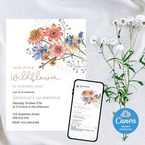 Wildflower First Birthday Invitation for Girls, Editable 1st Birthday Invite, Floral Printable Birthday Party Template, Boho Flower Invite