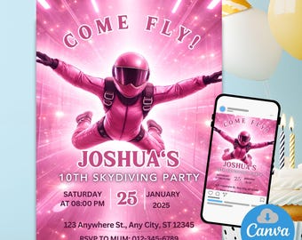 Faire-part de parachutisme, invitation d'anniversaire, invitation de parachutisme en salle, modèle numérique modifiable, téléchargement immédiat, carte d'anniversaire imprimable