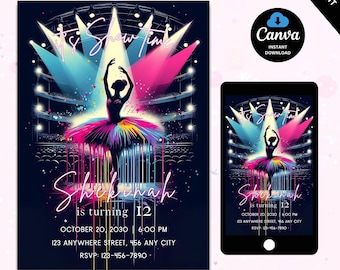 Ballet Birthday Invitation Ballerina Party Invite Editable Dance Birthday Evite Printable Girl Birthday Card Digital Template Canva Editable