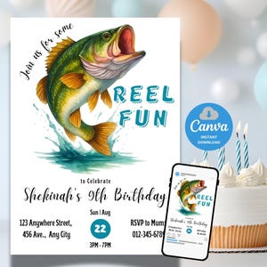 Fishing Birthday Invitation Template, Fishing Birthday Invite, Fish Bday invitation, Reel in the Fun, Boy Birthday, Editable Canva Template
