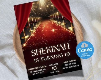May include: A birthday party invitation with a red carpet theme. The invitation features a red carpet with gold stanchions, red curtains, and the text "SHEKINAH IS TURNING 10." Includes event details and a Canva instant download icon.