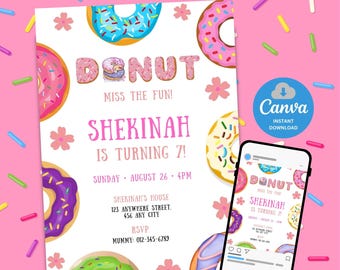 Editable Donut Birthday Invitation, Donut Party Invite, Sweet Dessert Candy Theme, Donut Invitation for Kids, Canva, Donut miss the fun