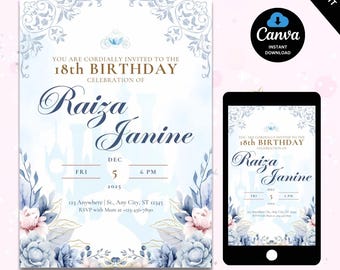 18. Geburtstagseinladungen, Digitale 18. Geburtstags-Party einladen, 18. Einladungsvorlage, 18. Geburtstagskarte, Prinzessin Thema Geburtstag einladen