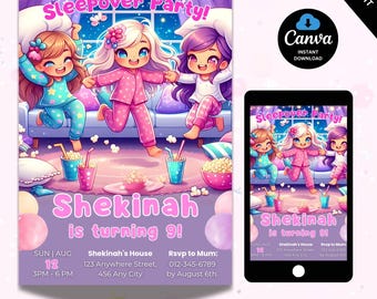 Pajama Party Birthday Invitation Spa Tween Teen Sleepover Slumber Birthday Party Invitation CANVA EDITABLE Instant download