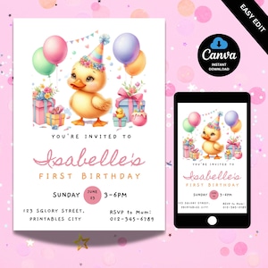 Little Duckling Birthday Invitation, Editable Duck Party Invitation Template, Girls First Birthday Invite, Bath Time, Instant Download