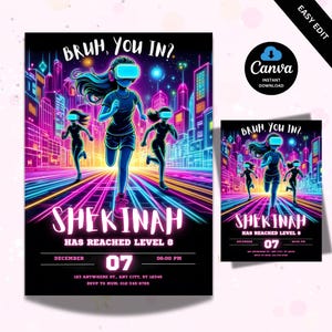 Convite de aniversário VR, convite para festa de jogos, cartão de festa Glow, convite de aniversário para meninas, convite de aniversário para gamer neon, Canva editável