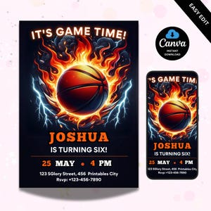 Plantilla de invitación de baloncesto editable, invitación de cumpleaños de baloncesto para niños y niñas, invitación de baloncesto imprimible, fiesta temática de baloncesto en Canva