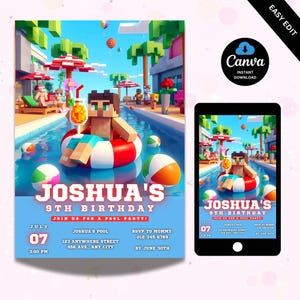 Geburtstagseinladung Pool-Party, Gamer-Geburtstags-Einladung, Minecrafter Geburtstag einladen, Geburtstagseinladung für Jungen, Pool-Party-Geburtstag