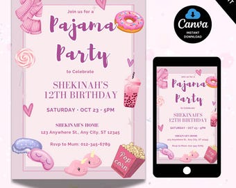 Editable Sleepover Invitation Template, Slumber Party Birthday Invitation, Sleepover Birthday Invitation, Pajama Party Invitation, Canva