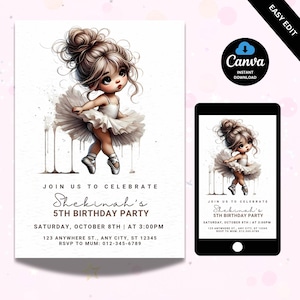 Ballerina Birthday Invitation, Ballerina Birthday Party Invite, Modern Ballet Dancer Girl Birthday Invite, Tutu Ballerina Dress, DIGITAL