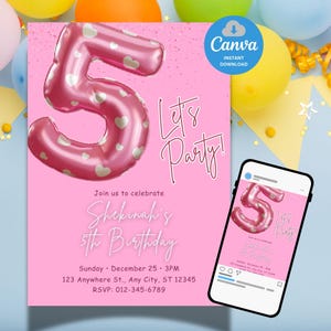 Pink Birthday Invitation Girl Editable, Glitter 5th Birthday Party Invite Template, Sparkle Birthday Card, Digital Download for Kids Party