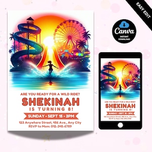 WaterPark Birthday Invitation, Water Park Party Invite, Waterslide Birthday Invitation for girls, Summer Pool Party, Splish splash birthday