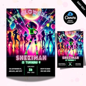 Convite de aniversário para festa Glow, modelo de convite para festa Lets Glow no Canva, convite de aniversário neon para impressão, cartão de aniversário neon que brilha no escuro