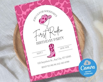 Pink First Rodeo Birthday Invitation, Editable Cowgirl Birthday Invite, Western Girl Birthday Party Evite, Rodeo Birthday Template, Canva