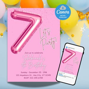 Pink Birthday Invitation Girl Editable, Glitter 7th Birthday Party Invite Template, Sparkle Birthday Card, Digital Download for Kids Party