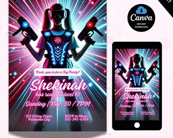 Faire-part de fête pour filles Laser tag, néon modifiable, invitation à une fête d'anniversaire, Laser tag phosphorescent pour anniversaire, fête laser neutre, téléchargement immédiat